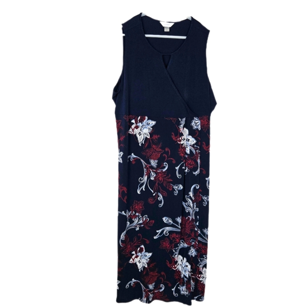 CJ Banks Maxi Dress 3x Sleeveless Stretch Floral Blue Red White Keyhole Church